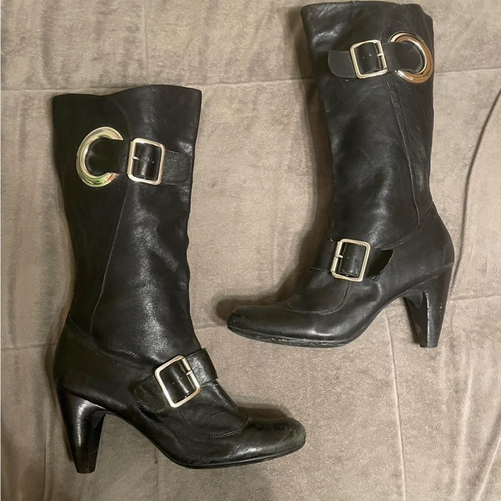 Black Leather Women's Boots with Buckle Detail